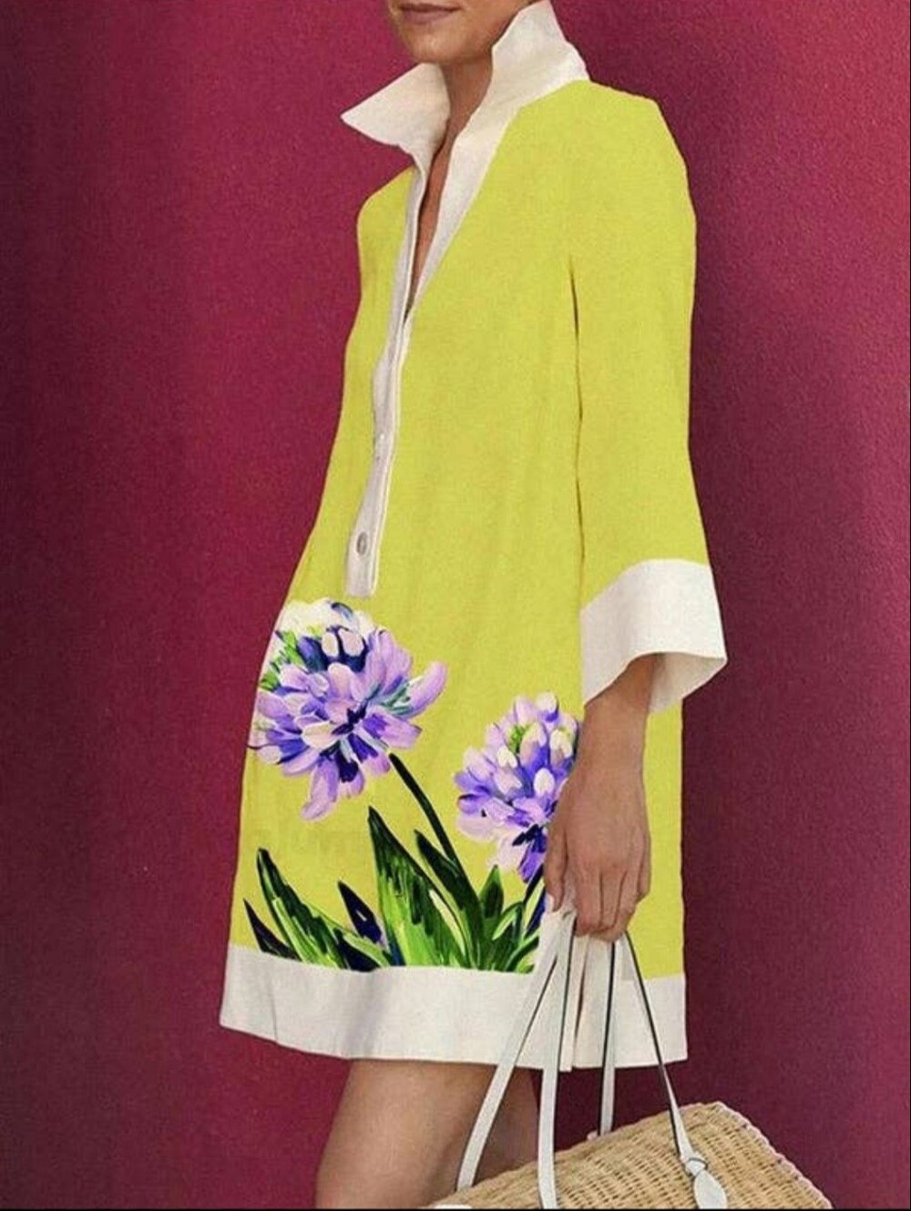Yellow Floral Shift Dress with White Trim